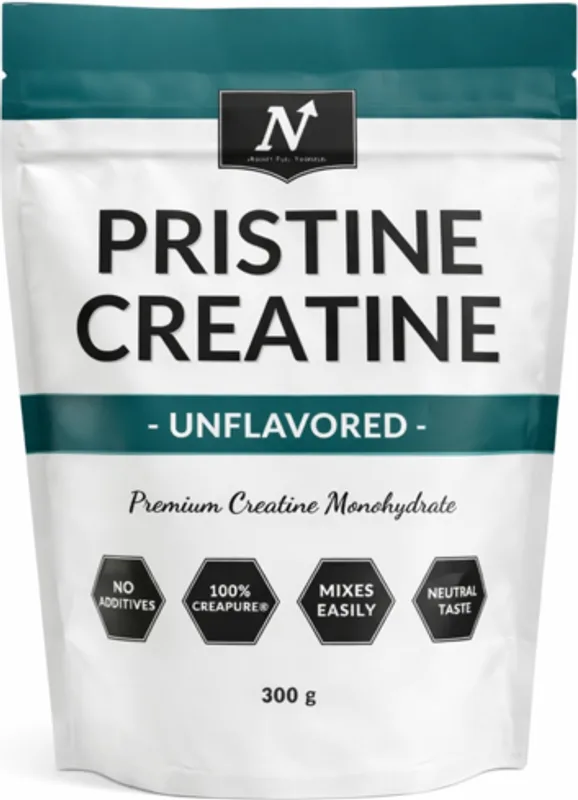 Påse med Nyttoteket Pristine Creatine, osmaksat kreatinmonohydrat i pulverform, 300 gram