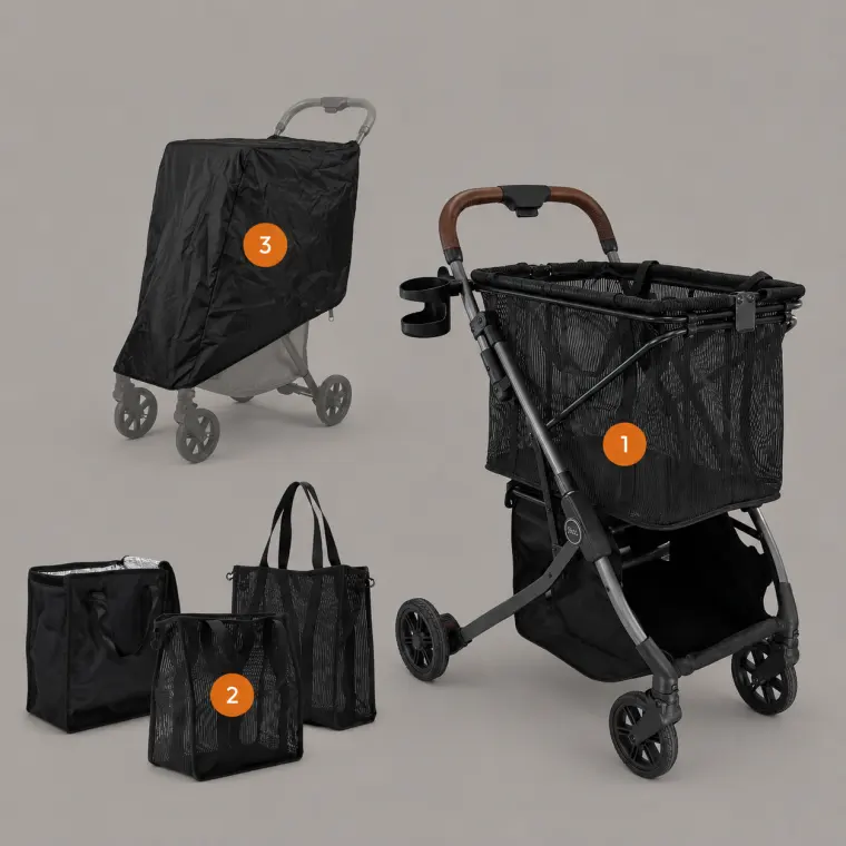 Strolee Shoppingpaket: svart vagn, regnskydd, isolerad frysväska och två nätväskor