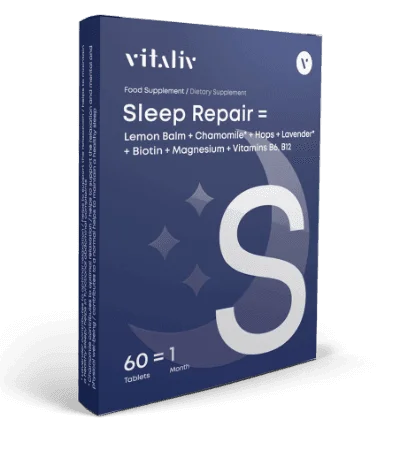 Förpackning av Vitaliv Sleep Repair med 60 tabletter